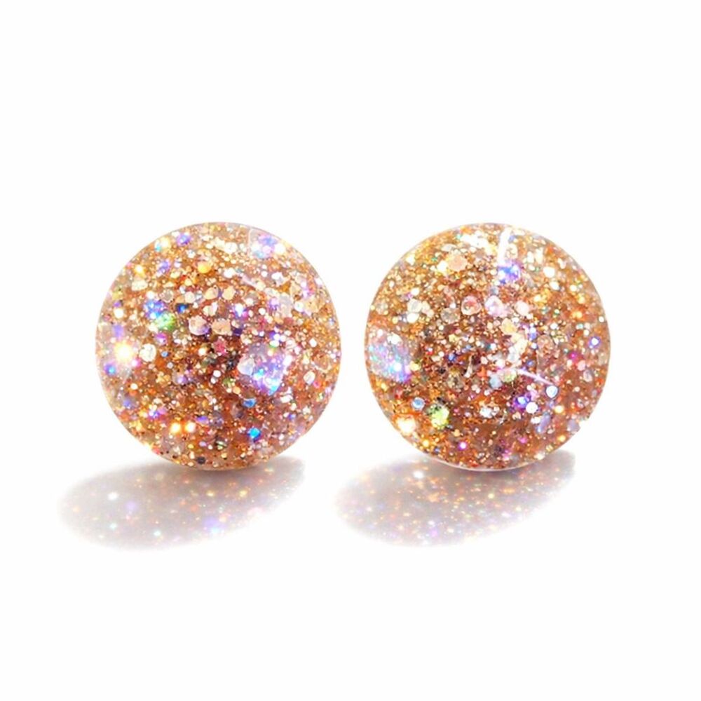 Sparkling Gold Iridescent Glitter Resin Stud Dome Cabochon Fashion Earrings